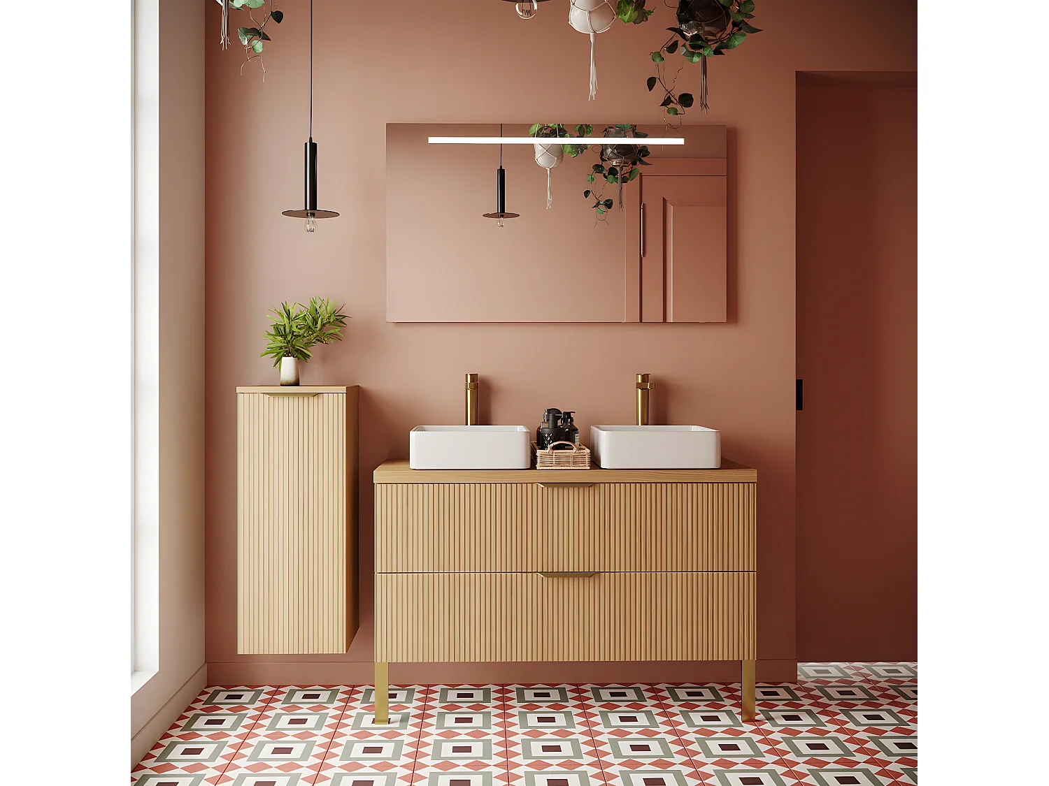 Meuble de salle de bain suspendu 2 vasques à poser 120cm 2 tiroirs Chêne cannelé + miroir - Venice