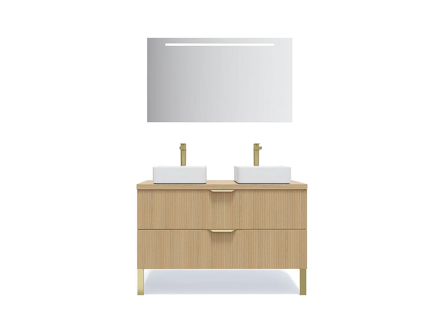 Meuble de salle de bain suspendu 2 vasques à poser 120cm 2 tiroirs Chêne cannelé + miroir - Venice