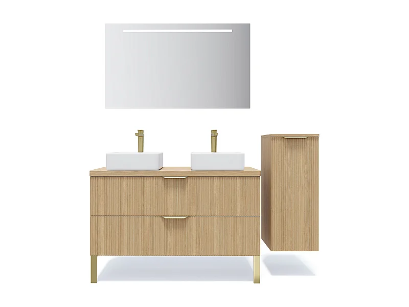 Meuble de salle de bain suspendu 2 vasques à poser 120cm 2 tiroirs Chêne cannelé + miroir + colonne ouverture droite - Venice