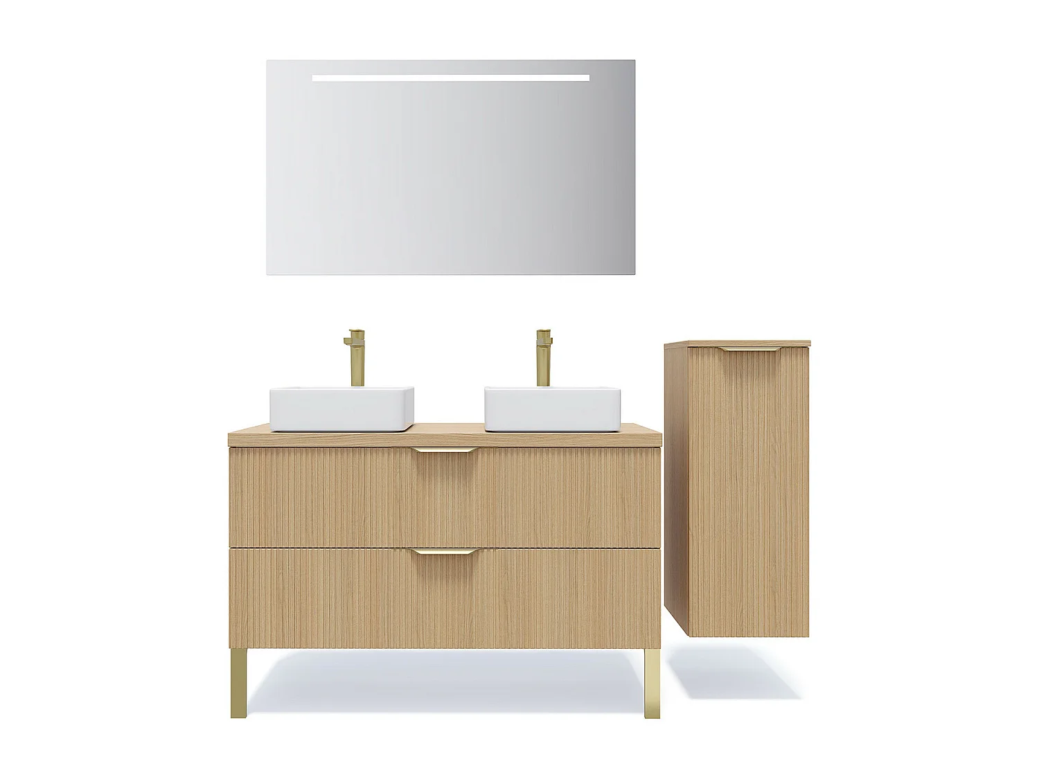 Meuble de salle de bain suspendu 2 vasques à poser 120cm 2 tiroirs Chêne cannelé + miroir + colonne ouverture droite - Venice