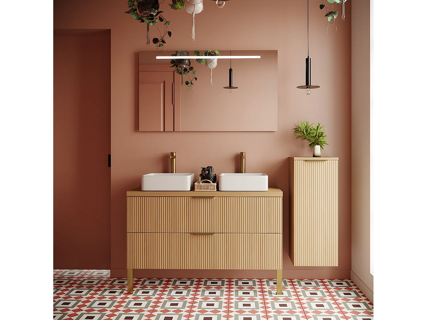 Meuble de salle de bain suspendu 2 vasques à poser 120cm 2 tiroirs Chêne cannelé + miroir + colonne ouverture droite - Venice