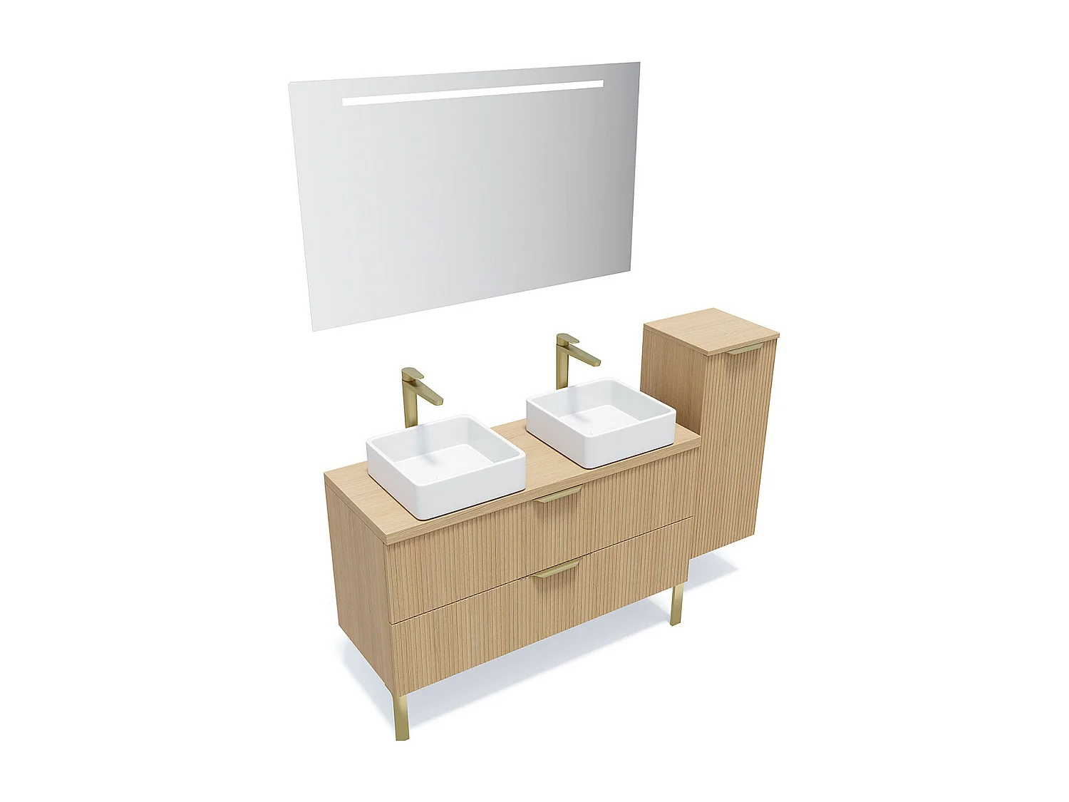 Meuble de salle de bain suspendu 2 vasques à poser 120cm 2 tiroirs Chêne cannelé + miroir + colonne ouverture droite - Venice