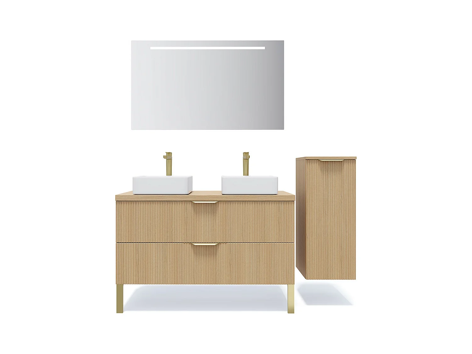 Meuble de salle de bain suspendu 2 vasques à poser 120cm 2 tiroirs Chêne cannelé + miroir + colonne ouverture droite - Venice