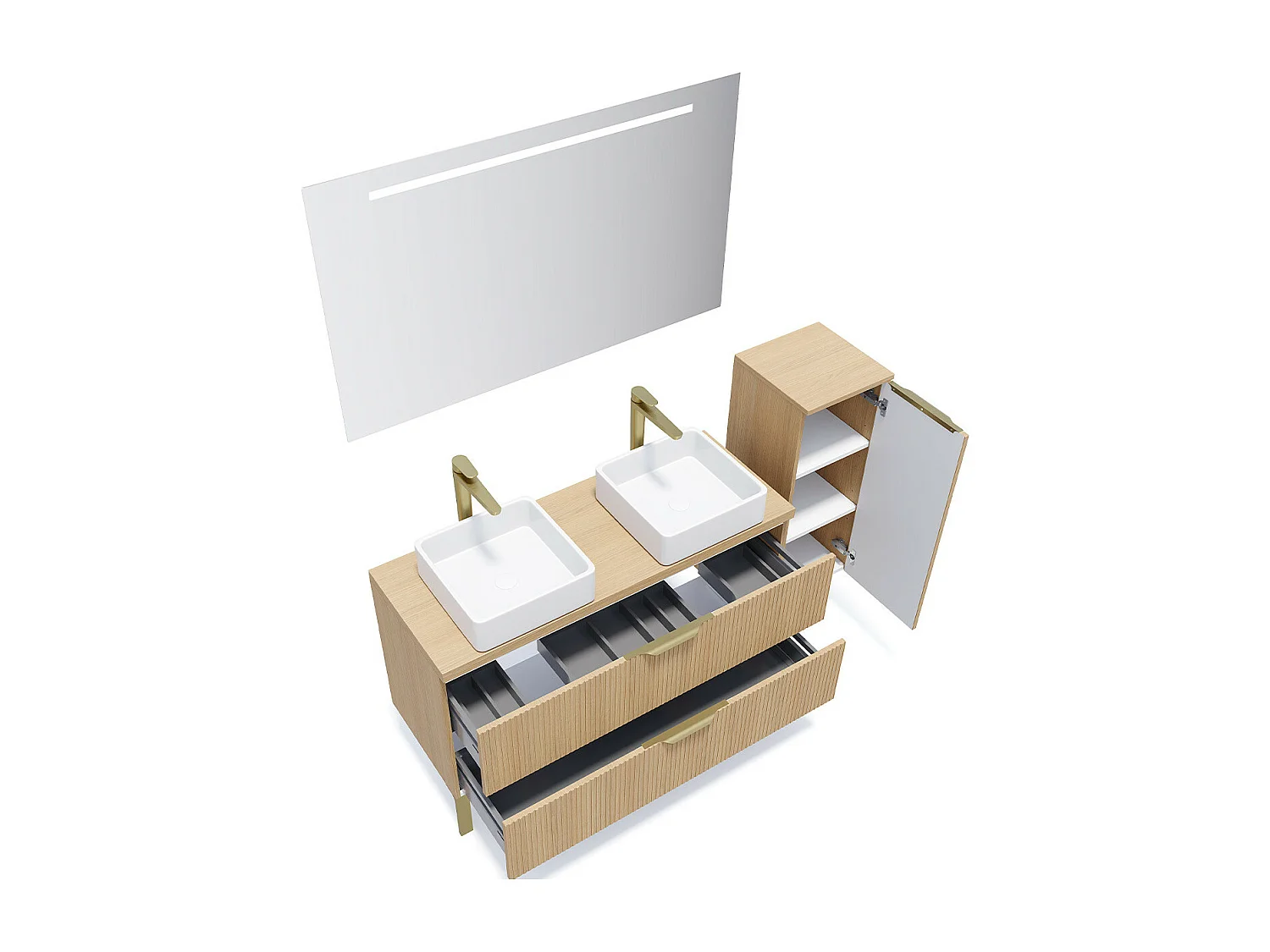 Meuble de salle de bain suspendu 2 vasques à poser 120cm 2 tiroirs Chêne cannelé + miroir + colonne ouverture droite - Venice