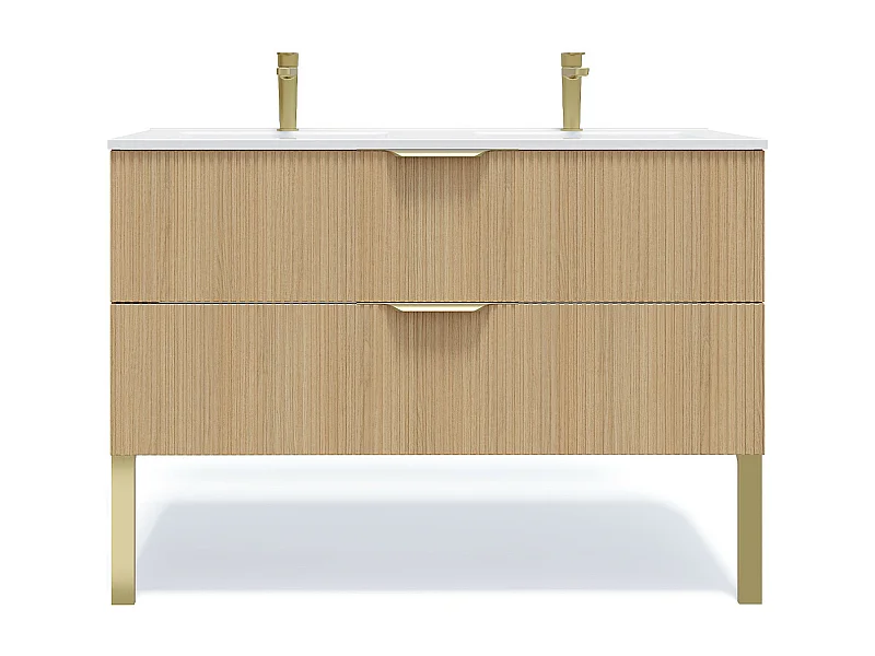 Meuble de salle de bain suspendu double vasque intégrée 120cm 2 tiroirs Chêne cannelé - Venice