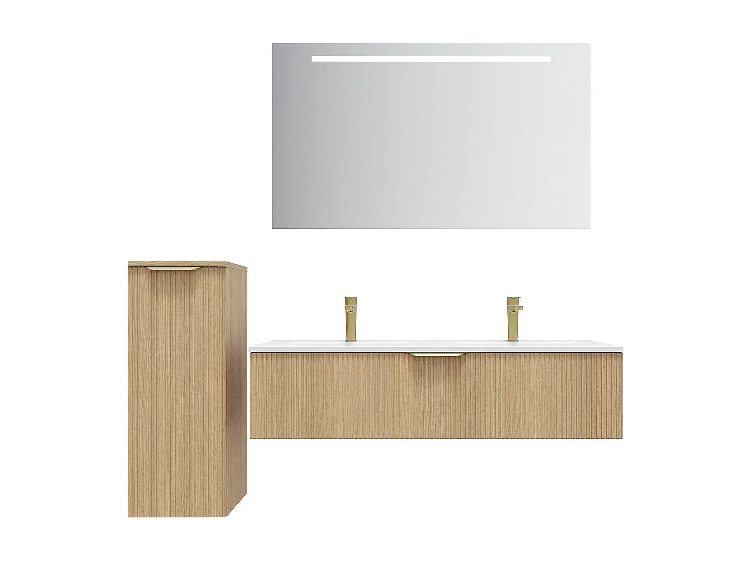 Meuble de salle de bain suspendu double vasque intégrée 120cm 1 tiroir Chêne cannelé + miroir +colonne ouverture gauche - Venice