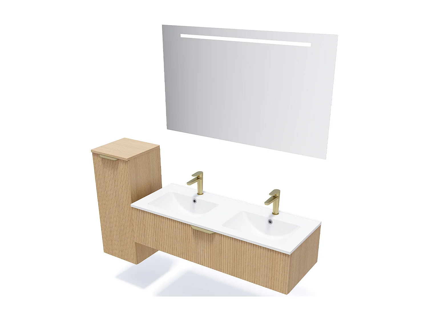 Meuble de salle de bain suspendu double vasque intégrée 120cm 1 tiroir Chêne cannelé + miroir +colonne ouverture gauche - Venice
