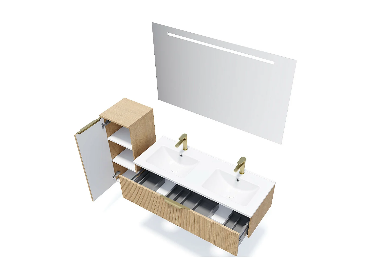 Meuble de salle de bain suspendu double vasque intégrée 120cm 1 tiroir Chêne cannelé + miroir +colonne ouverture gauche - Venice