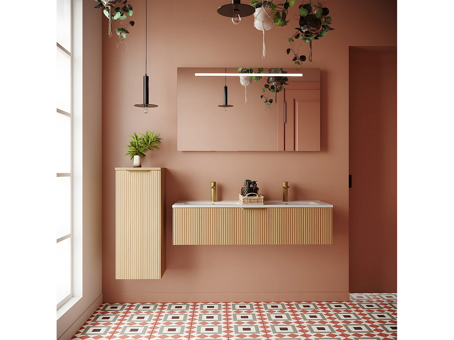 Meuble de salle de bain suspendu double vasque intégrée 120cm 1 tiroir Chêne cannelé + miroir +colonne ouverture gauche - Venice