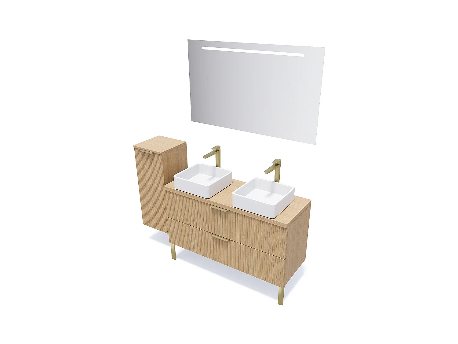 Meuble de salle de bain suspendu 2 vasques à poser 120cm 2 tiroirs Chêne cannelé + miroir + colonne ouverture gauche - Venice
