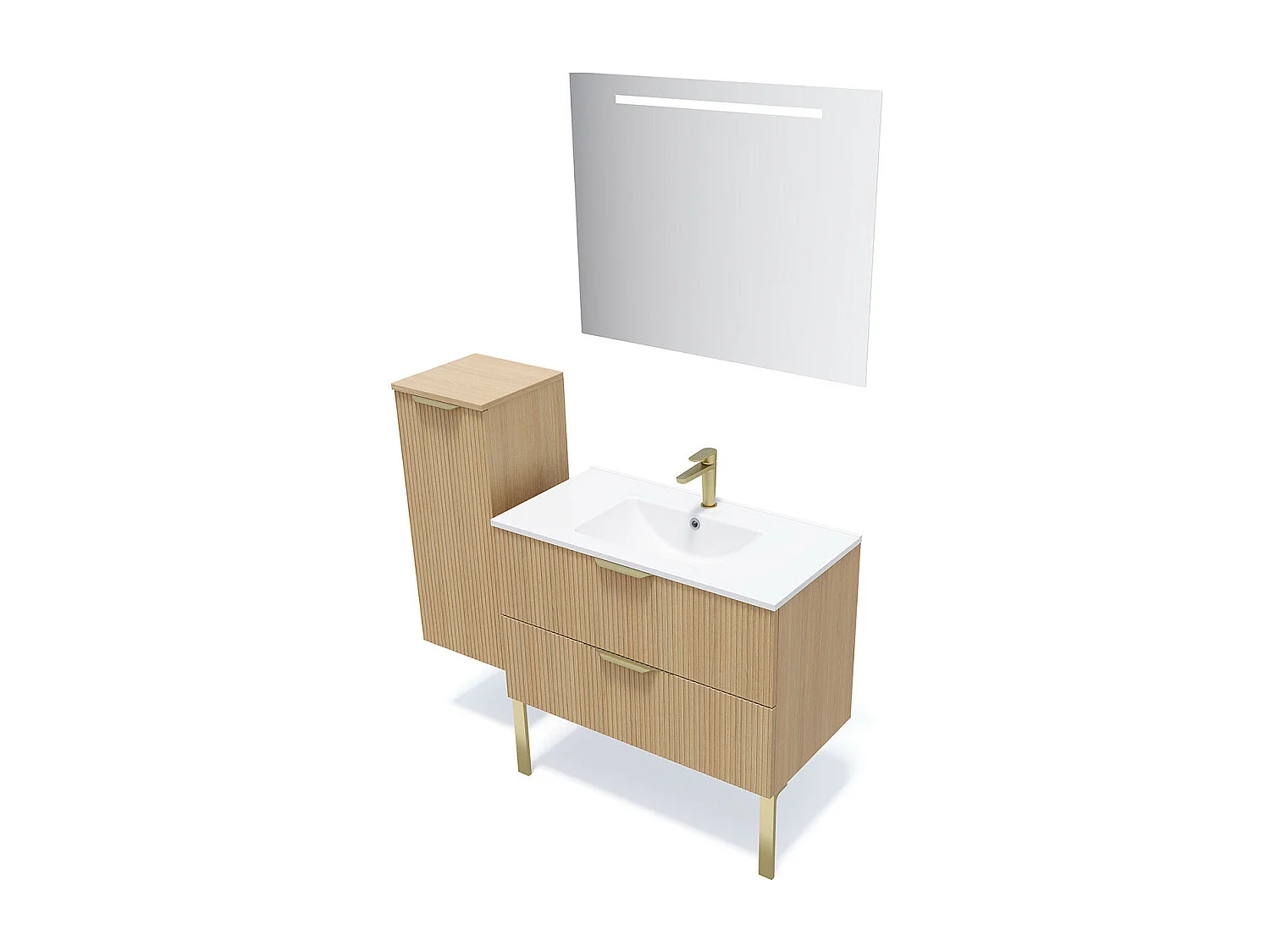 Meuble de salle de bain suspendu vasque intégrée 90cm 2 tiroirs Chêne cannelé + miroir - Venice