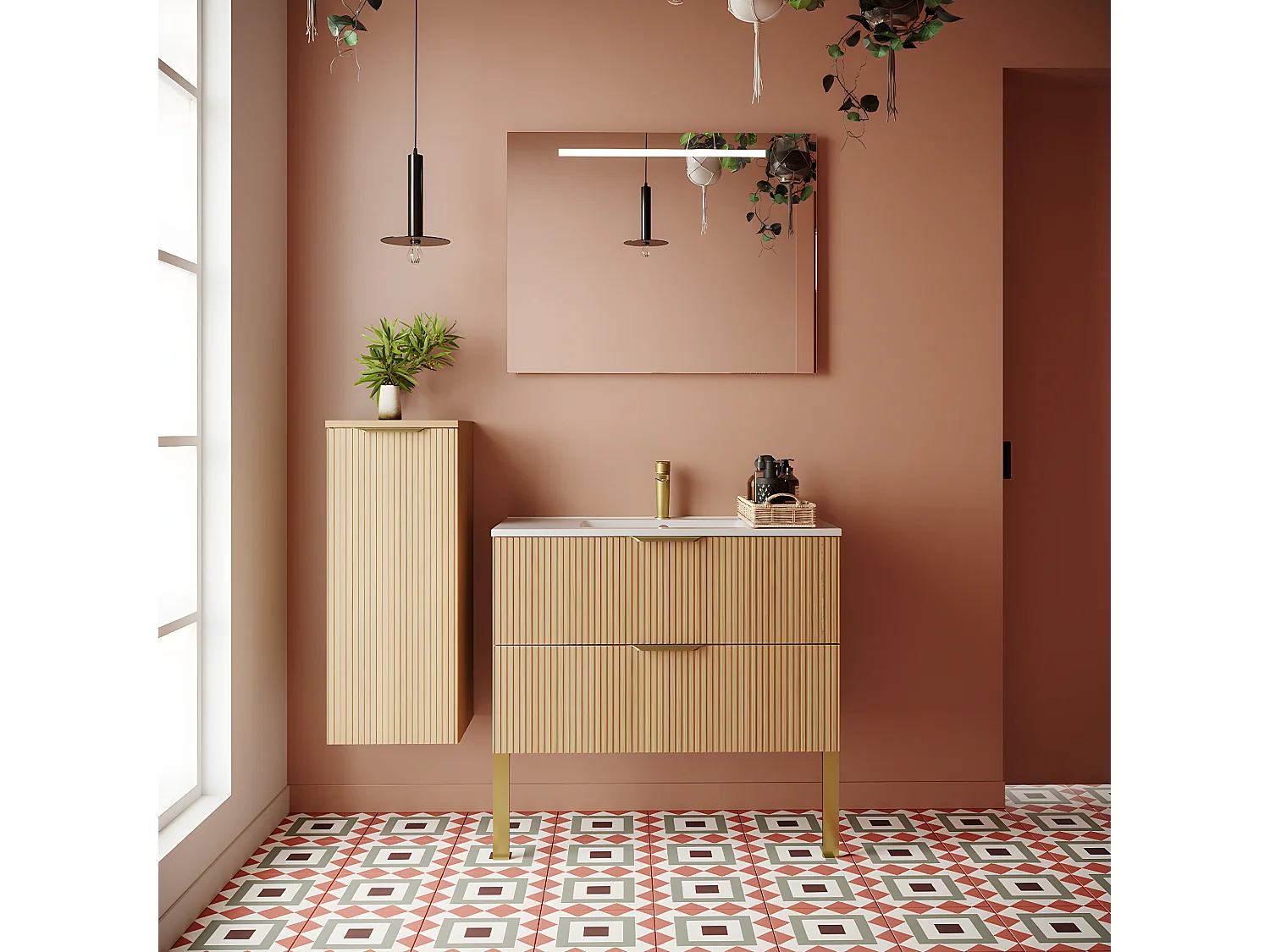 Meuble de salle de bain suspendu vasque intégrée 90cm 2 tiroirs Chêne cannelé + miroir - Venice