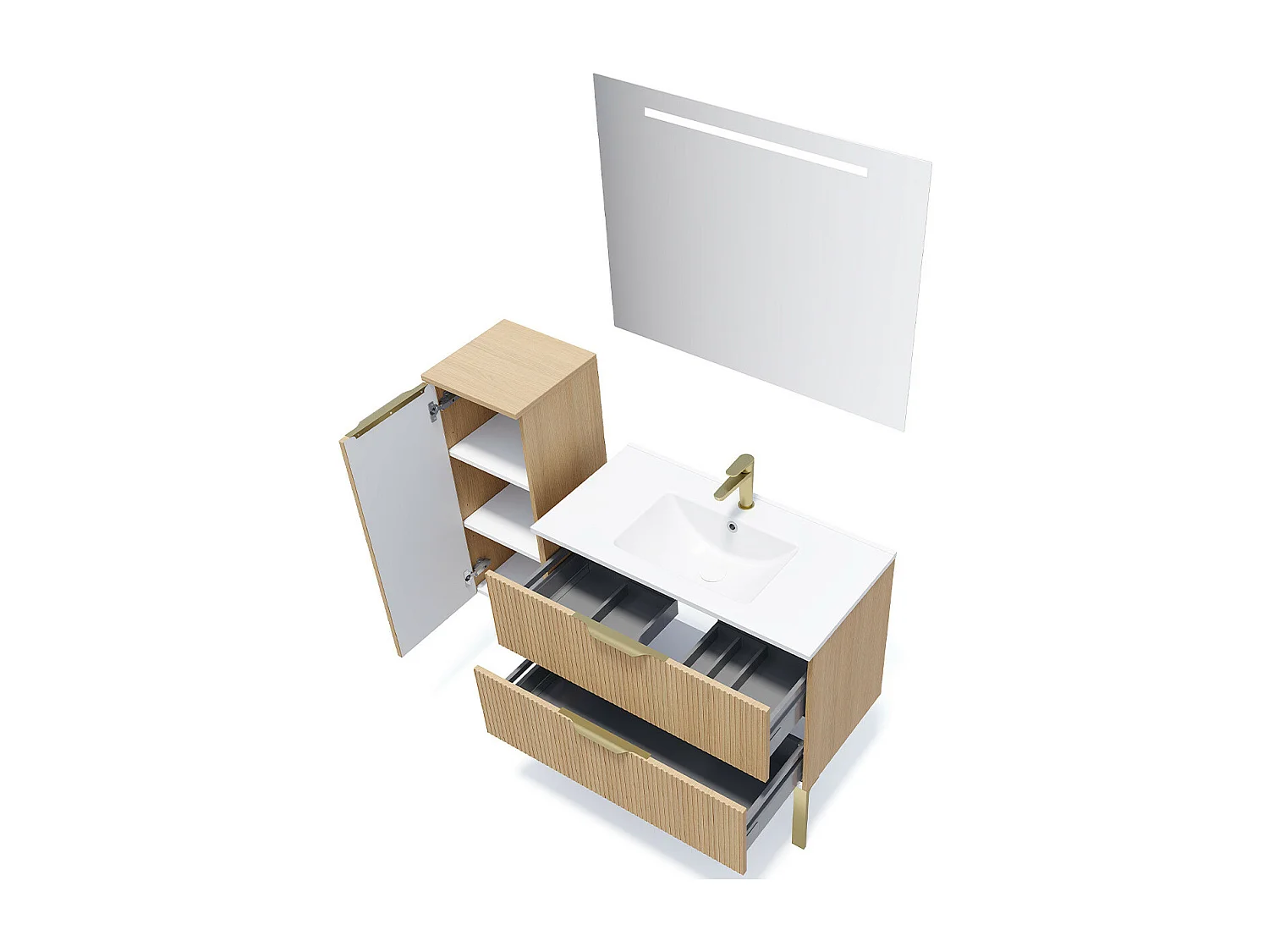 Meuble de salle de bain suspendu vasque intégrée 90cm 2 tiroirs Chêne cannelé + miroir - Venice