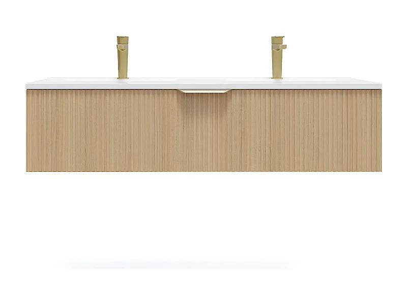 Meuble de salle de bain suspendu double vasque intégrée 120cm 1 tiroir Chêne cannelé - Venice