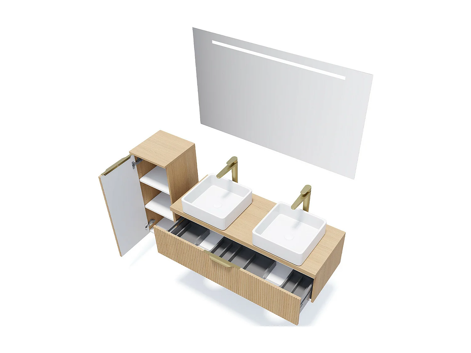 Meuble de salle de bain suspendu 2 vasques à poser 120cm 1 tiroir Chêne cannelé + miroir + colonne ouverture gauche - Venice