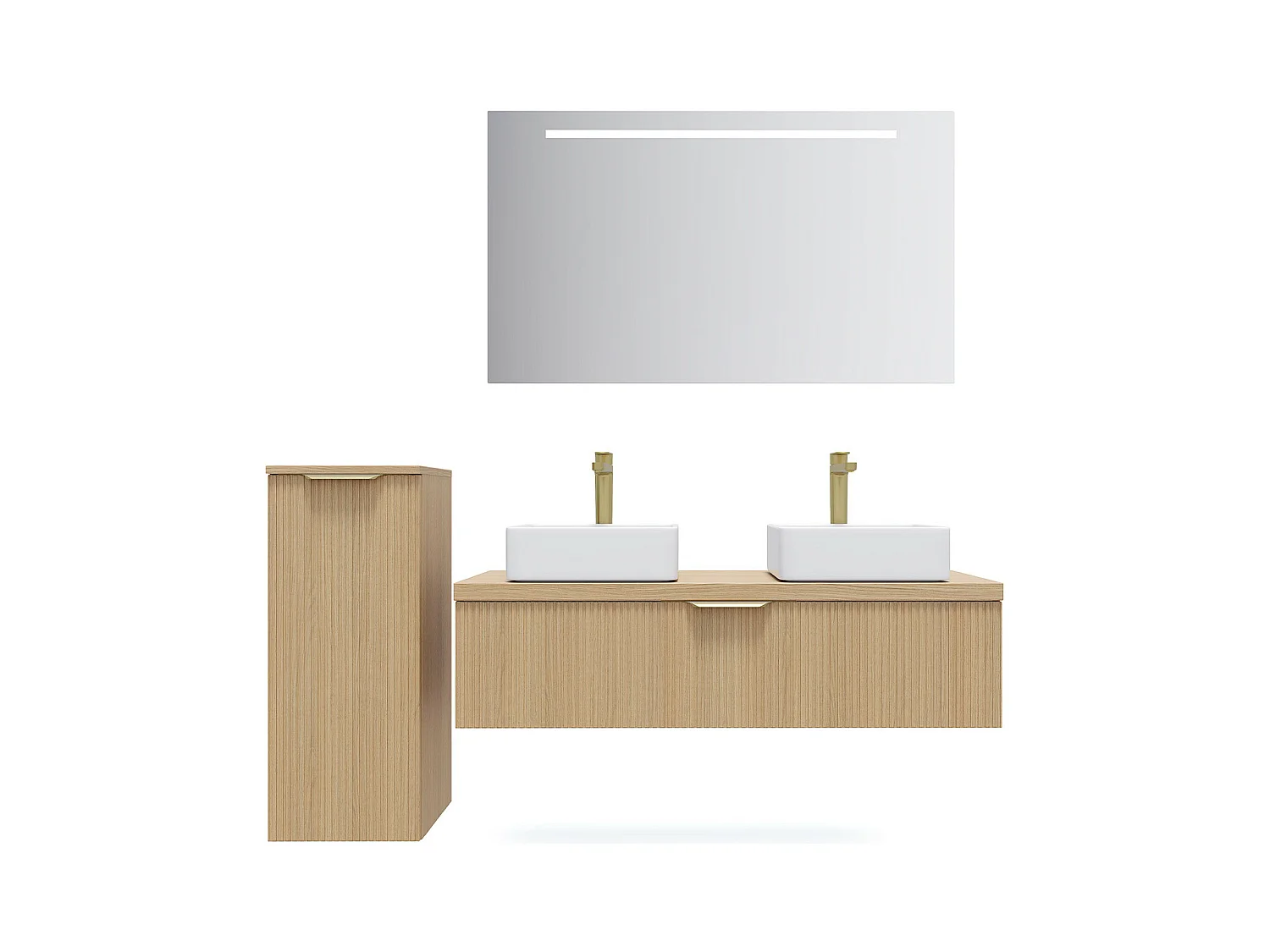 Meuble de salle de bain suspendu 2 vasques à poser 120cm 1 tiroir Chêne cannelé + miroir + colonne ouverture gauche - Venice