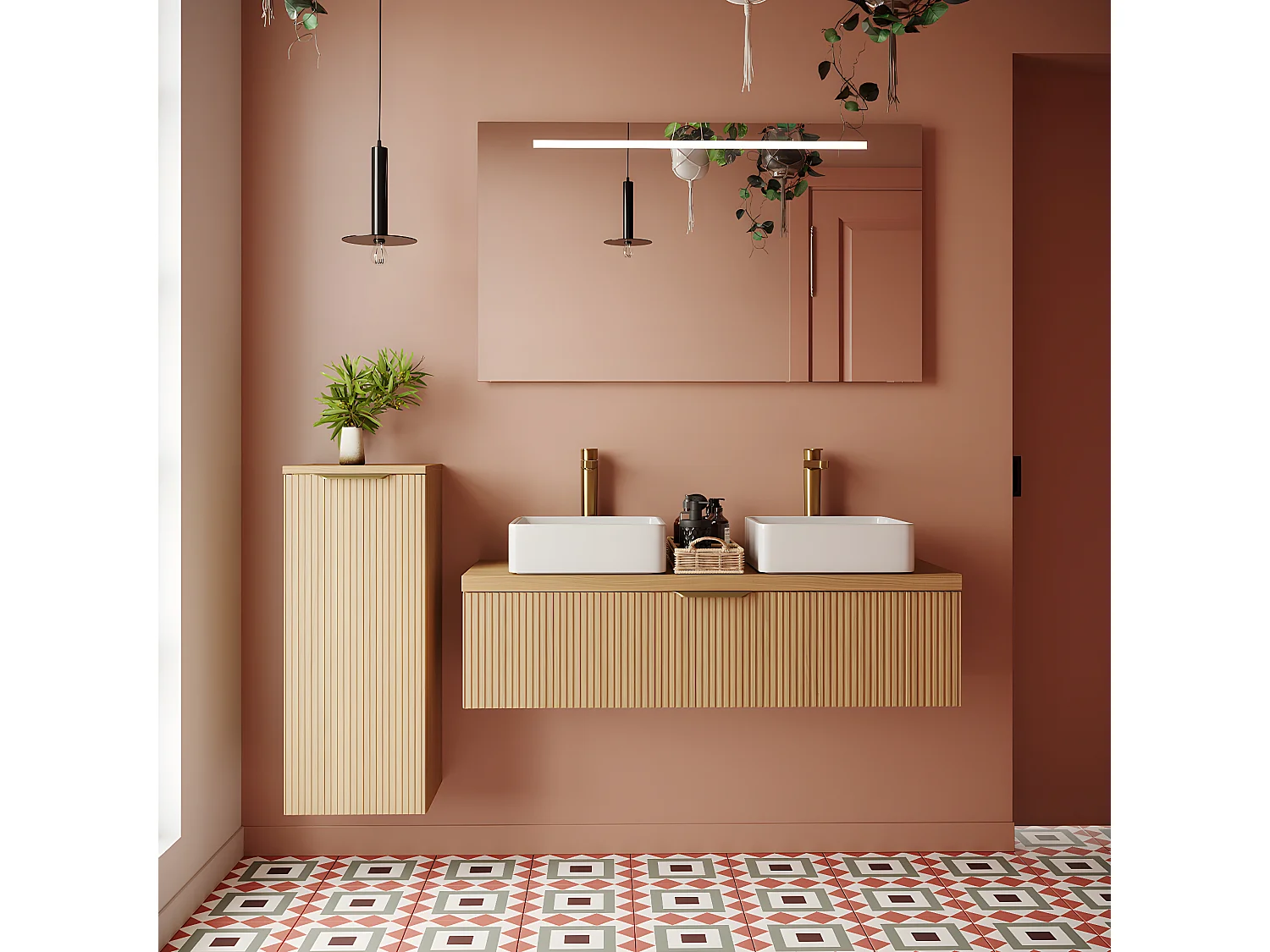 Meuble de salle de bain suspendu 2 vasques à poser 120cm 1 tiroir Chêne cannelé + miroir + colonne ouverture gauche - Venice