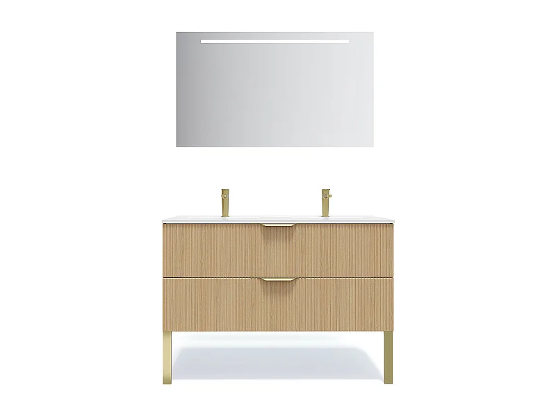 Meuble de salle de bain suspendu double vasque intégrée 120cm 2 tiroirs Chêne cannelé + miroir - Venice
