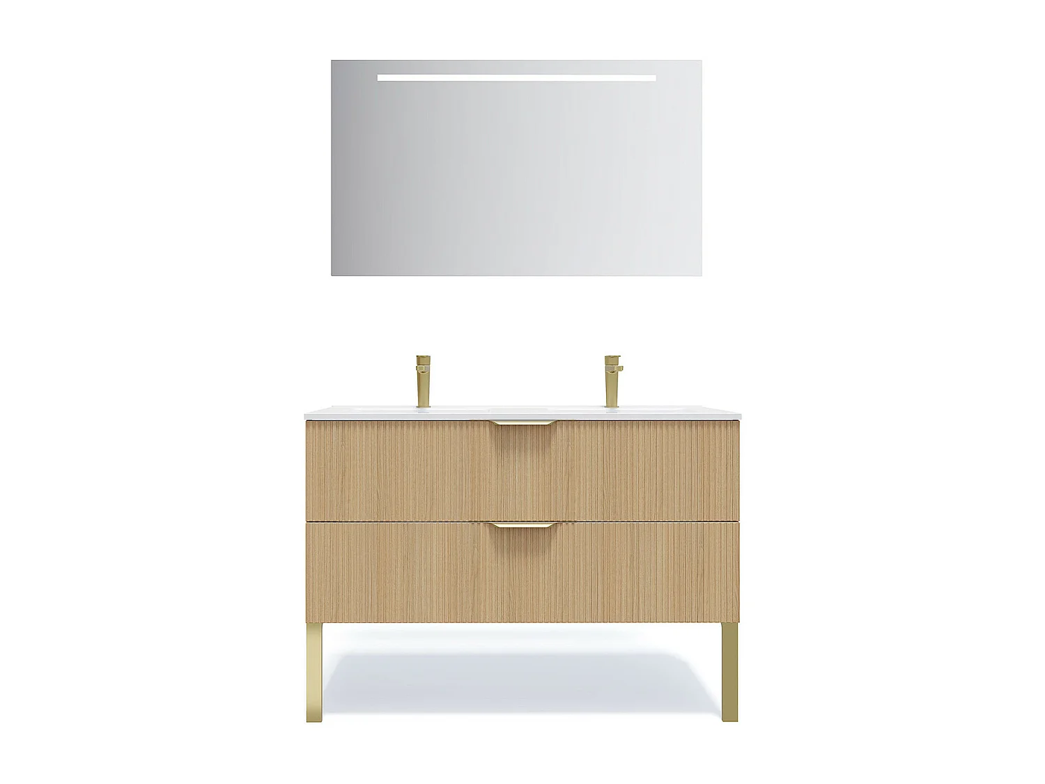Meuble de salle de bain suspendu double vasque intégrée 120cm 2 tiroirs Chêne cannelé + miroir - Venice