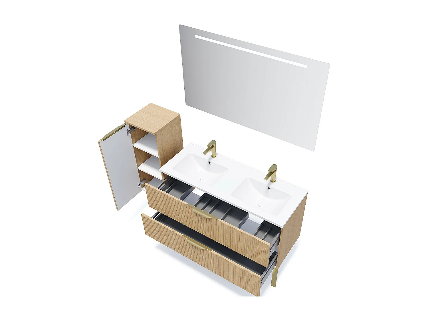 Meuble de salle de bain suspendu double vasque intégrée 120cm 2 tiroirs Chêne cannelé + miroir - Venice