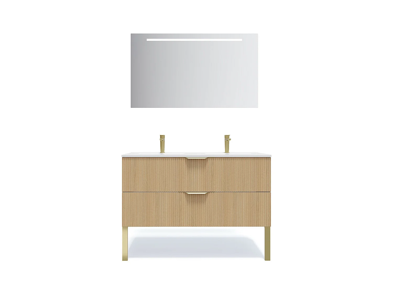 Meuble de salle de bain suspendu double vasque intégrée 120cm 2 tiroirs Chêne cannelé + miroir - Venice