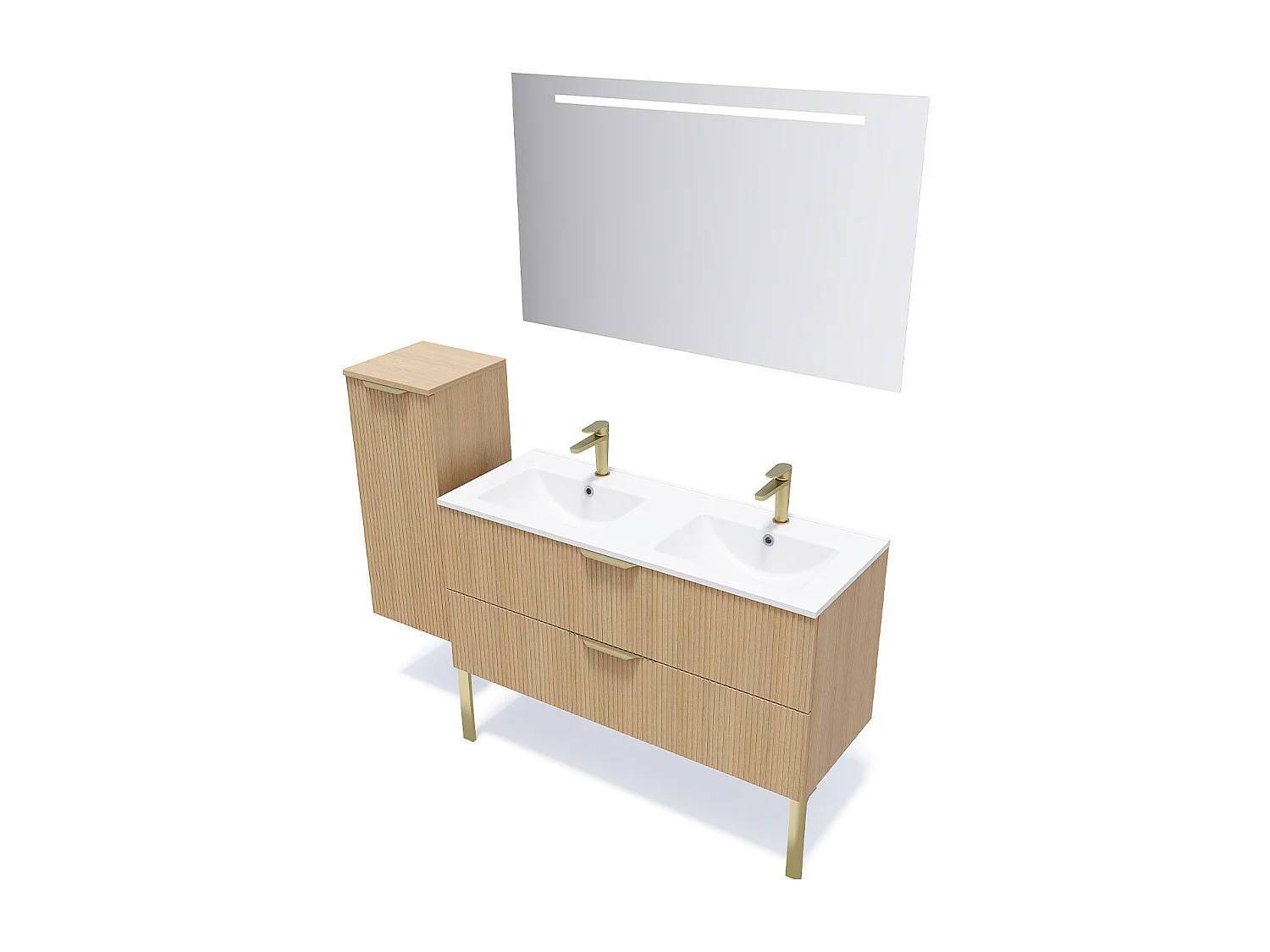 Meuble de salle de bain suspendu double vasque intégrée 120cm 2 tiroirs Chêne cannelé + miroir - Venice