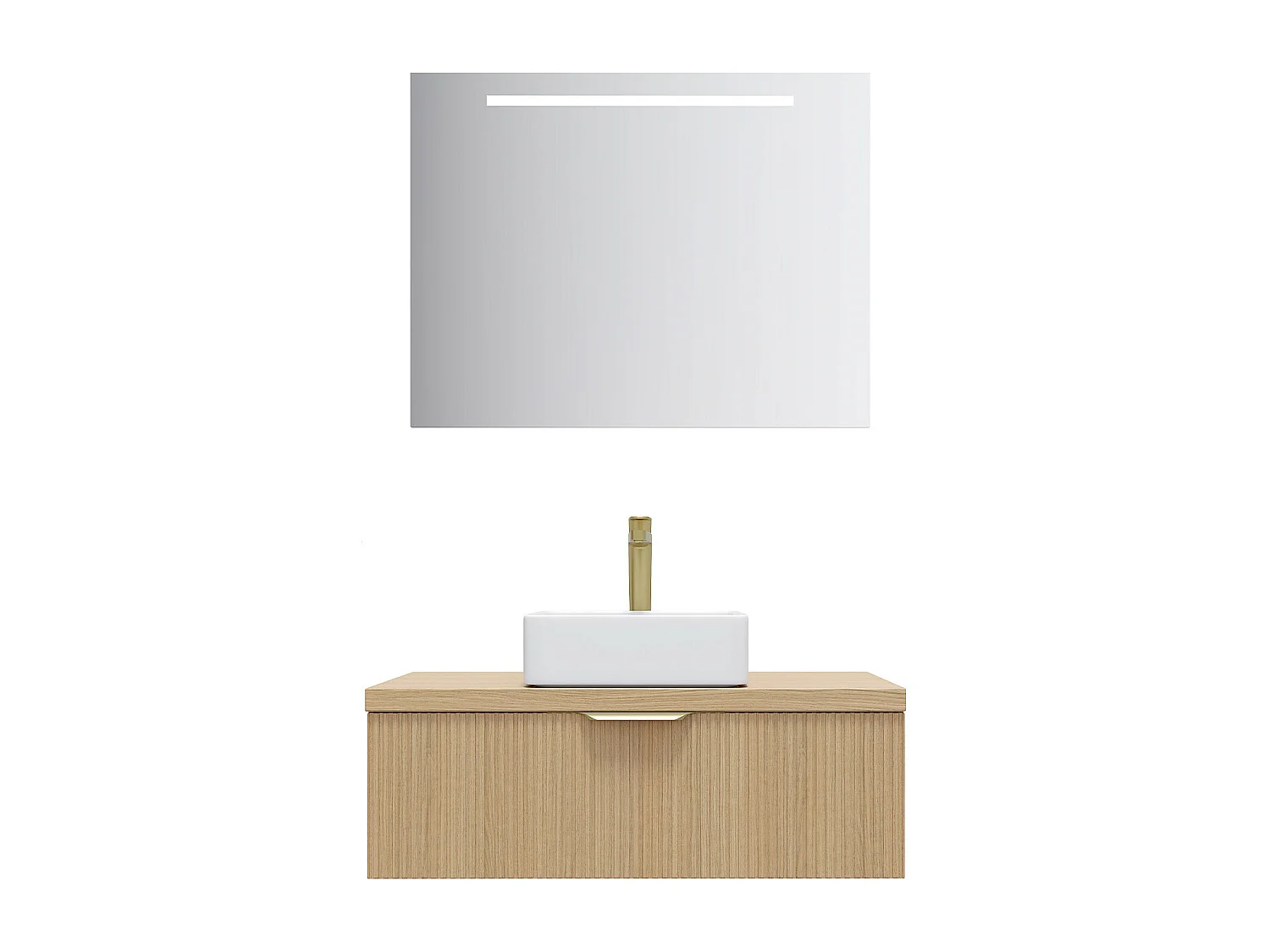 Meuble de salle de bain suspendu vasque à poser 90cm 1 tiroir Chêne cannelé + miroir - Venice