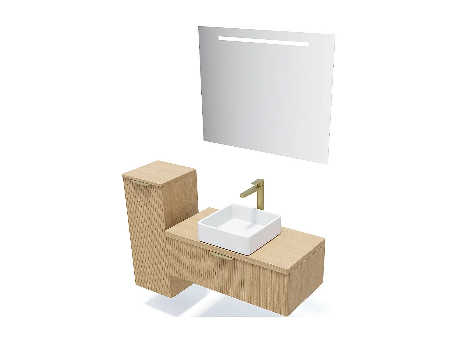 Meuble de salle de bain suspendu vasque à poser 90cm 1 tiroir Chêne cannelé + miroir - Venice