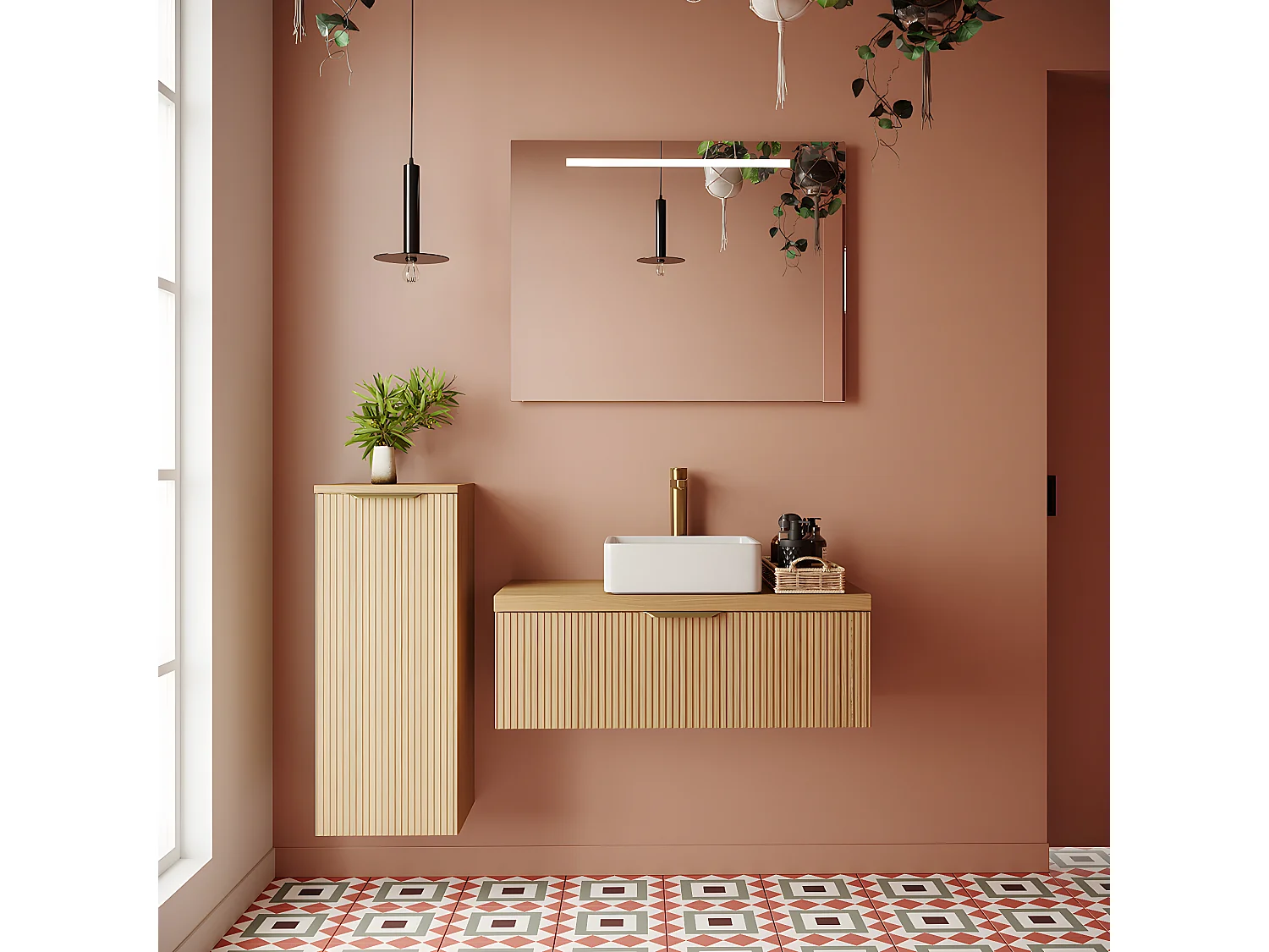 Meuble de salle de bain suspendu vasque à poser 90cm 1 tiroir Chêne cannelé + miroir - Venice