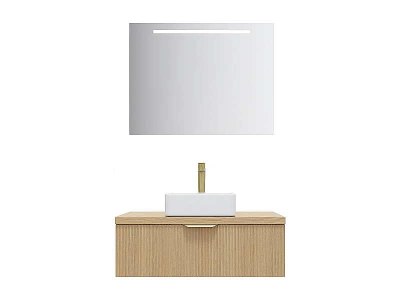Meuble de salle de bain suspendu vasque à poser 90cm 1 tiroir Chêne cannelé + miroir - Venice
