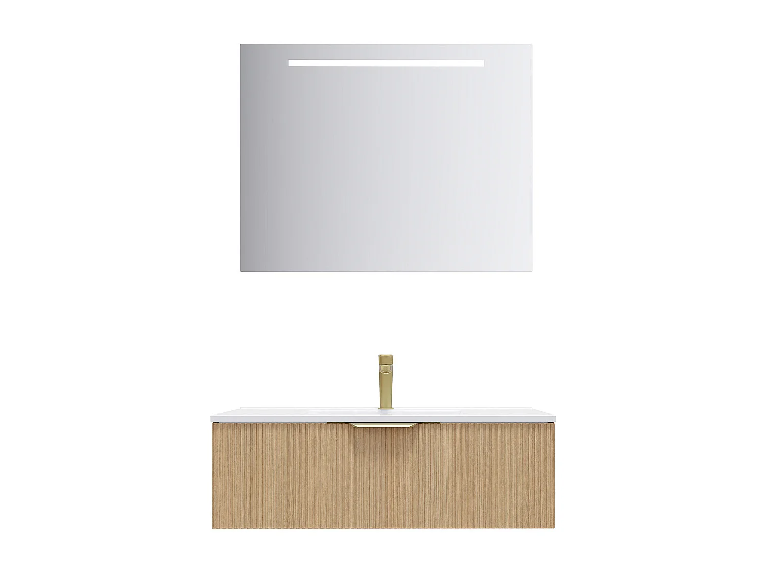 Meuble de salle de bain suspendu vasque intégrée 90cm 1 tiroir Chêne cannelé + miroir - Venice