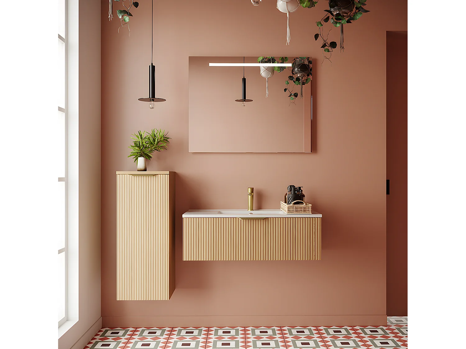 Meuble de salle de bain suspendu vasque intégrée 90cm 1 tiroir Chêne cannelé + miroir - Venice