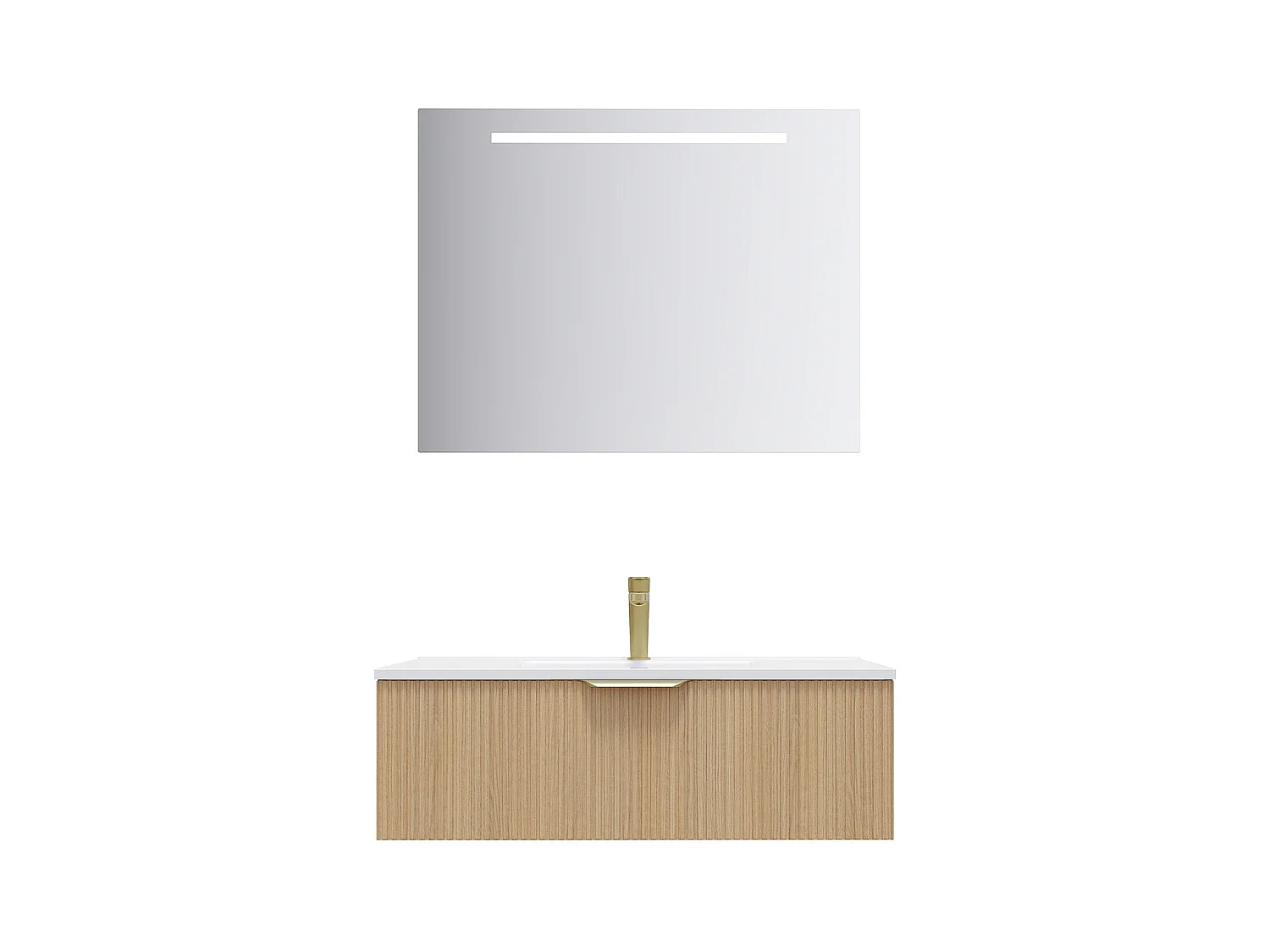 Meuble de salle de bain suspendu vasque intégrée 90cm 1 tiroir Chêne cannelé + miroir - Venice