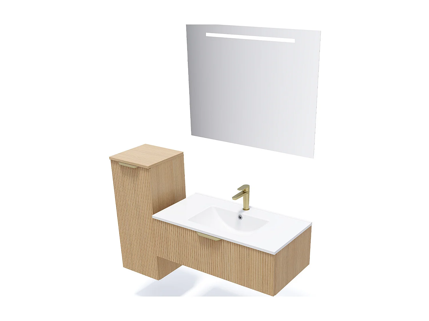 Meuble de salle de bain suspendu vasque intégrée 90cm 1 tiroir Chêne cannelé + miroir - Venice