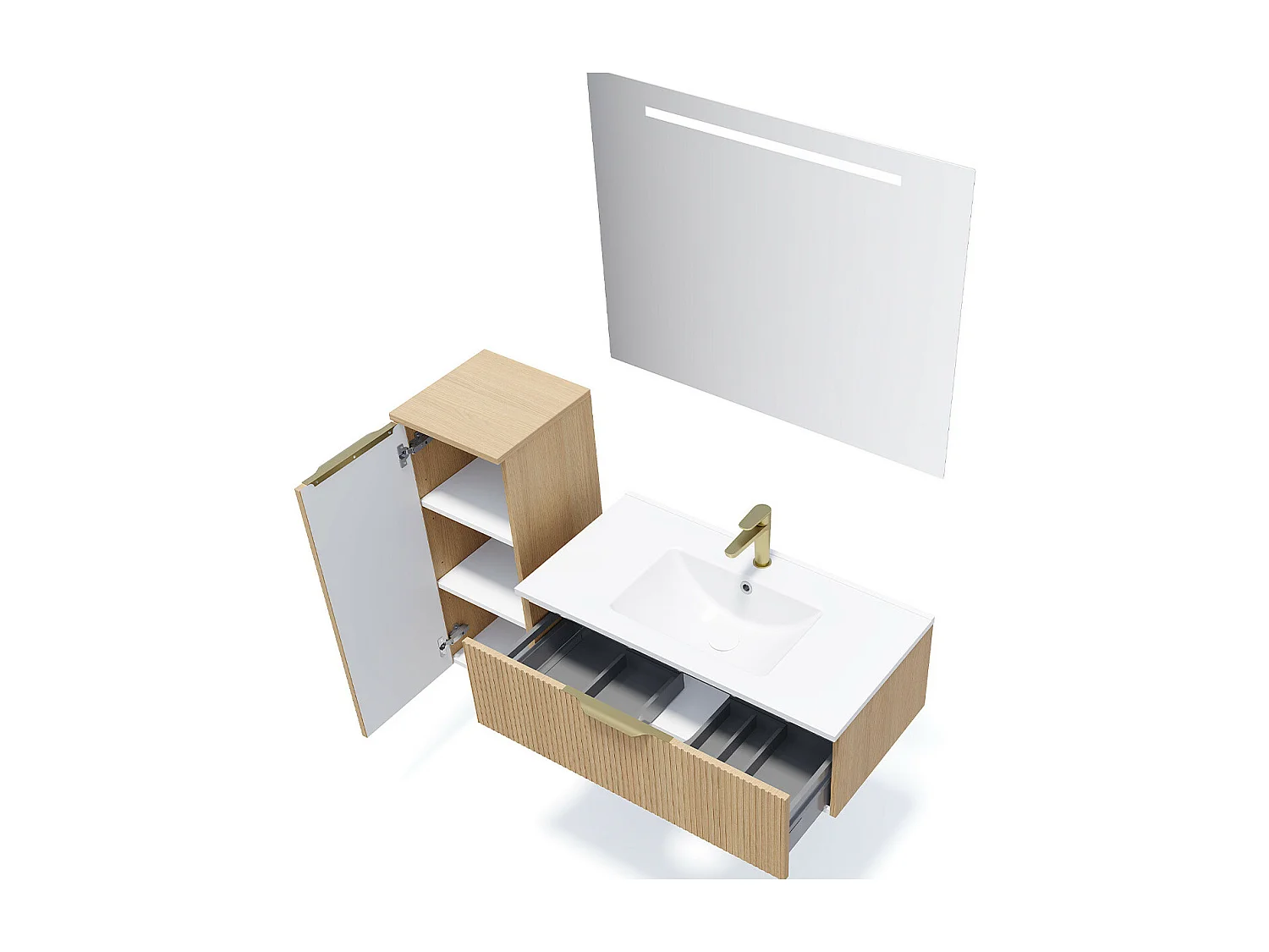 Meuble de salle de bain suspendu vasque intégrée 90cm 1 tiroir Chêne cannelé + miroir - Venice