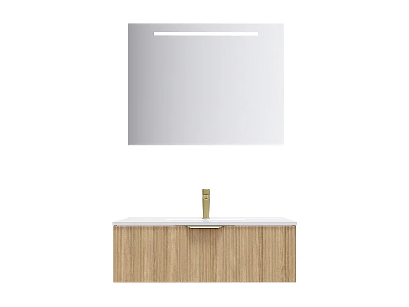 Meuble de salle de bain suspendu vasque intégrée 90cm 1 tiroir Chêne cannelé + miroir - Venice