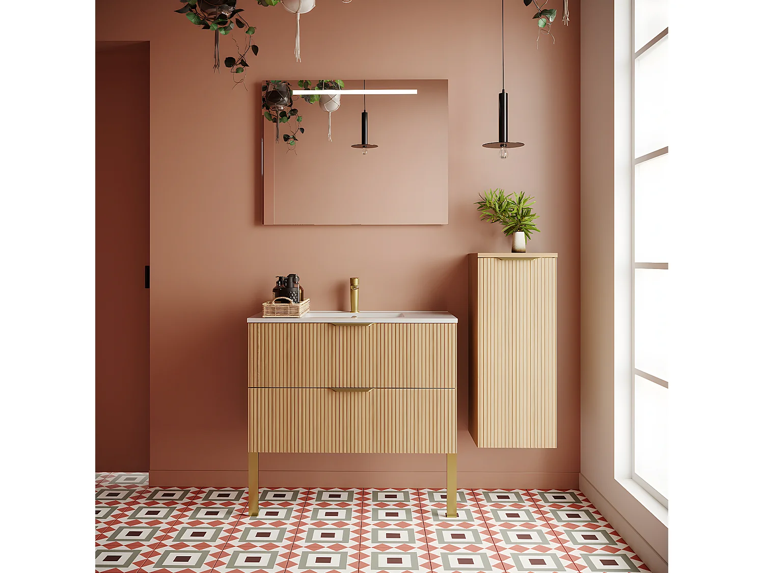 Meuble de salle de bain suspendu vasque intégrée 90cm 2 tiroirs Chêne cannelé + miroir + colonne ouverture droite - Venice