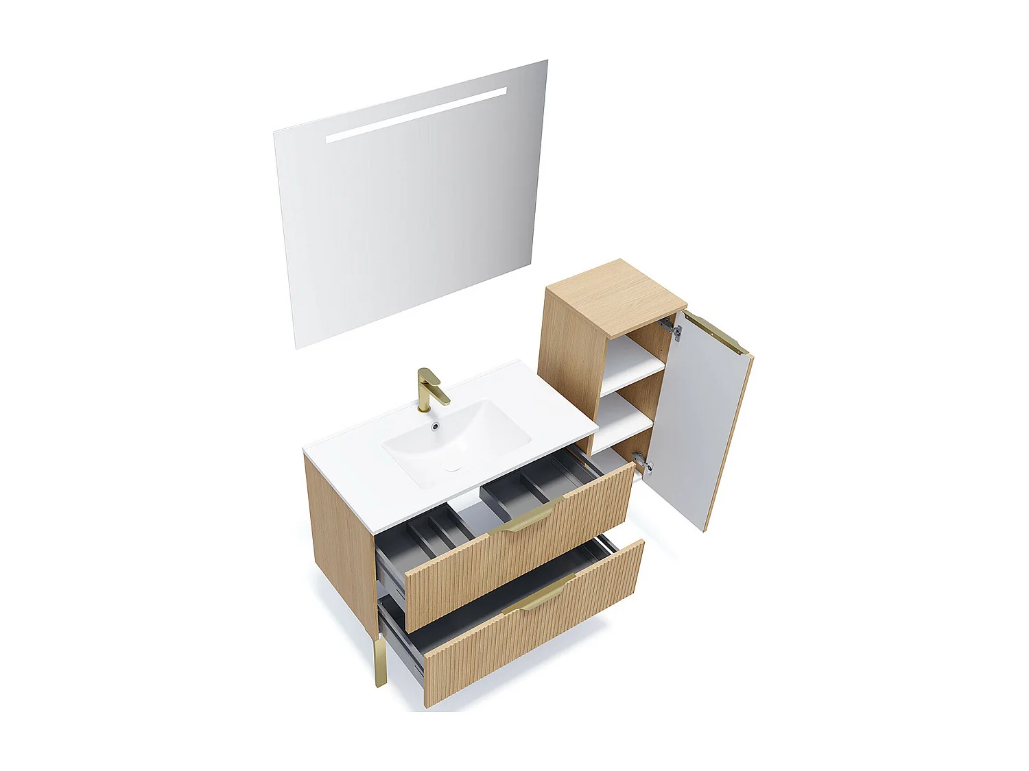 Meuble de salle de bain suspendu vasque intégrée 90cm 2 tiroirs Chêne cannelé + miroir + colonne ouverture droite - Venice