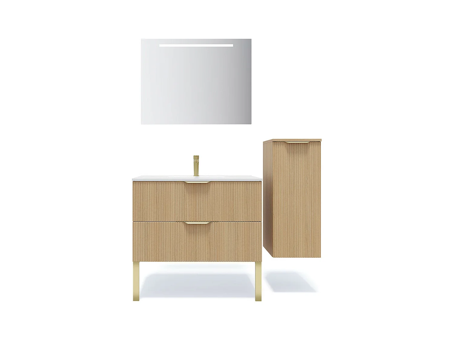 Meuble de salle de bain suspendu vasque intégrée 90cm 2 tiroirs Chêne cannelé + miroir + colonne ouverture droite - Venice
