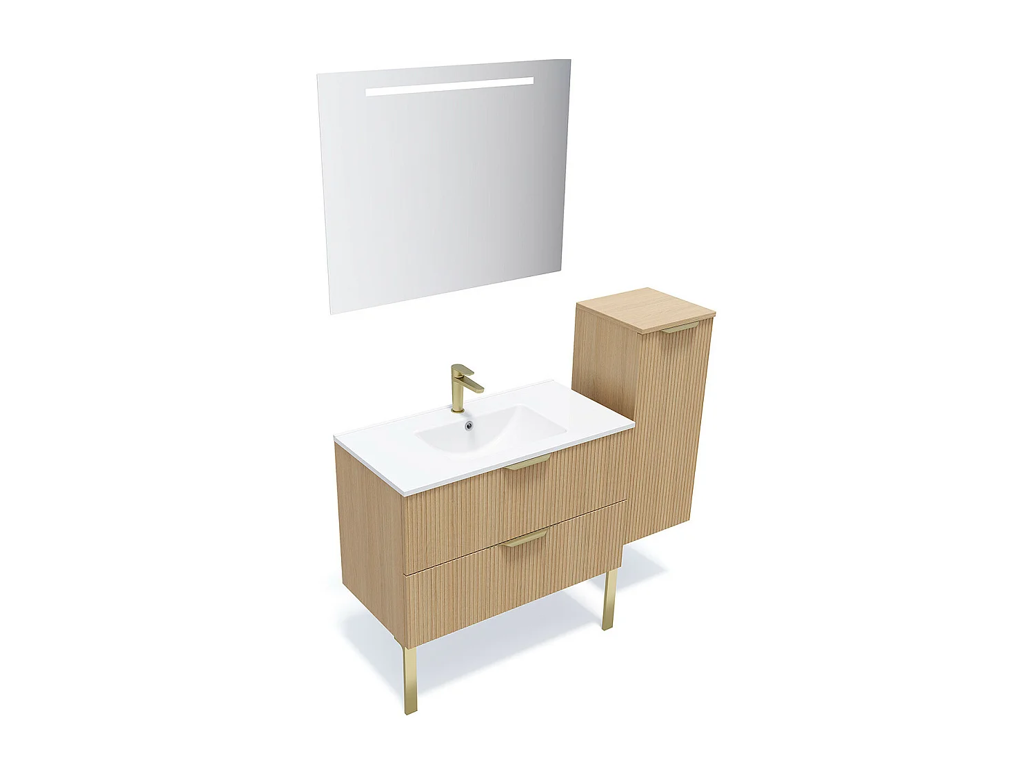 Meuble de salle de bain suspendu vasque intégrée 90cm 2 tiroirs Chêne cannelé + miroir + colonne ouverture droite - Venice