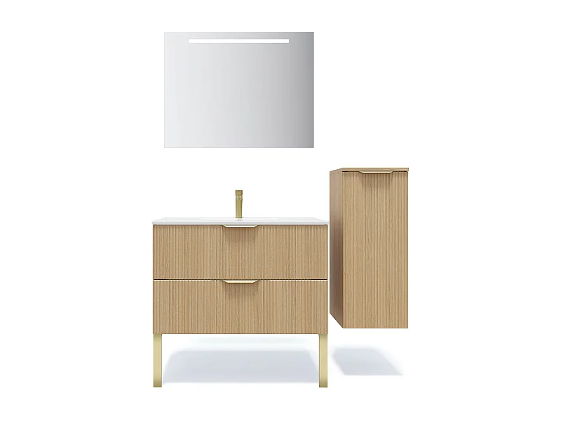 Meuble de salle de bain suspendu vasque intégrée 90cm 2 tiroirs Chêne cannelé + miroir + colonne ouverture droite - Venice