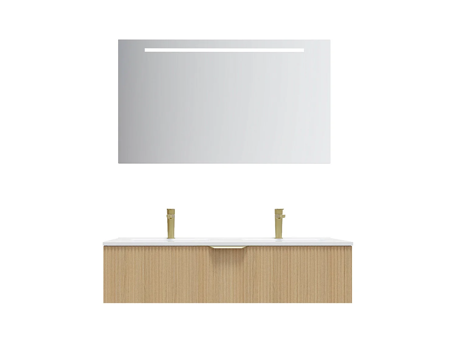 Meuble de salle de bain suspendu double vasque intégrée 120cm 1 tiroir Chêne cannelé + miroir - Venice