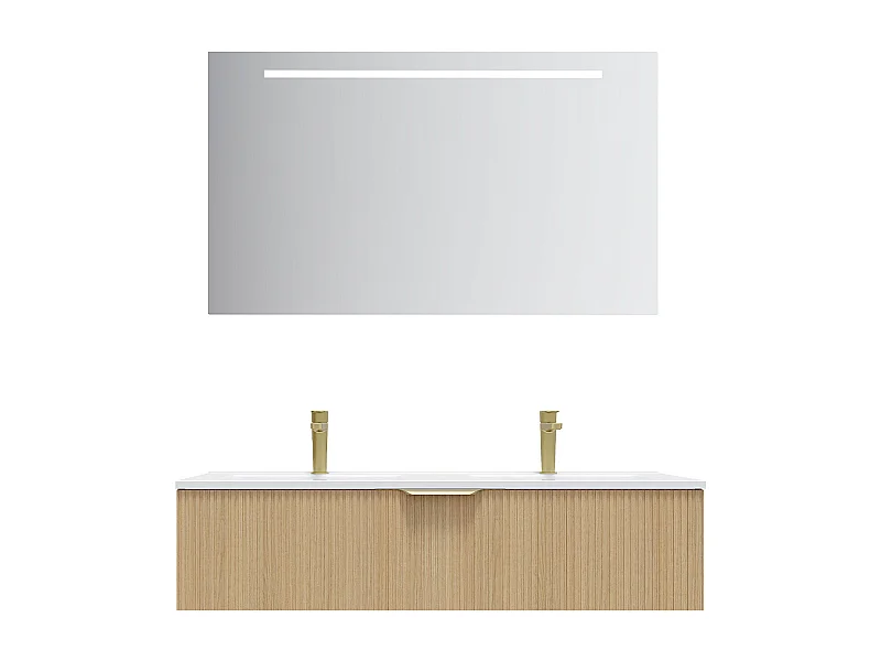 Meuble de salle de bain suspendu double vasque intégrée 120cm 1 tiroir Chêne cannelé + miroir - Venice