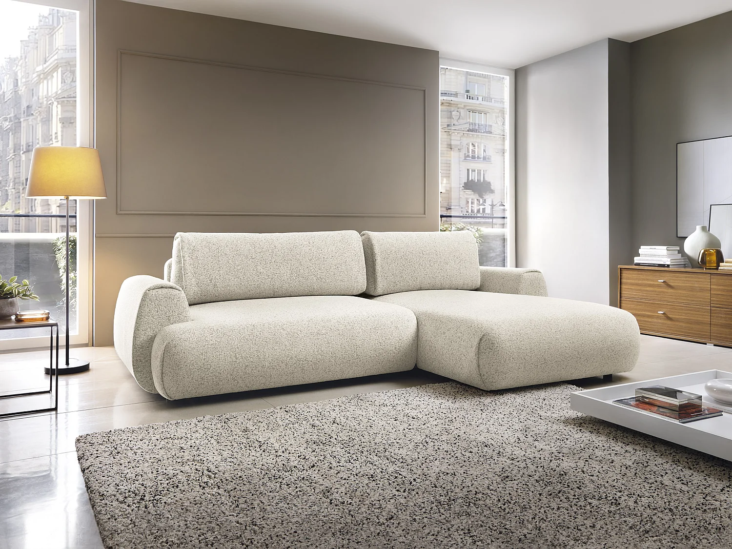 Canapé d'angle droit convertible en tissu chiné beige MONELIA