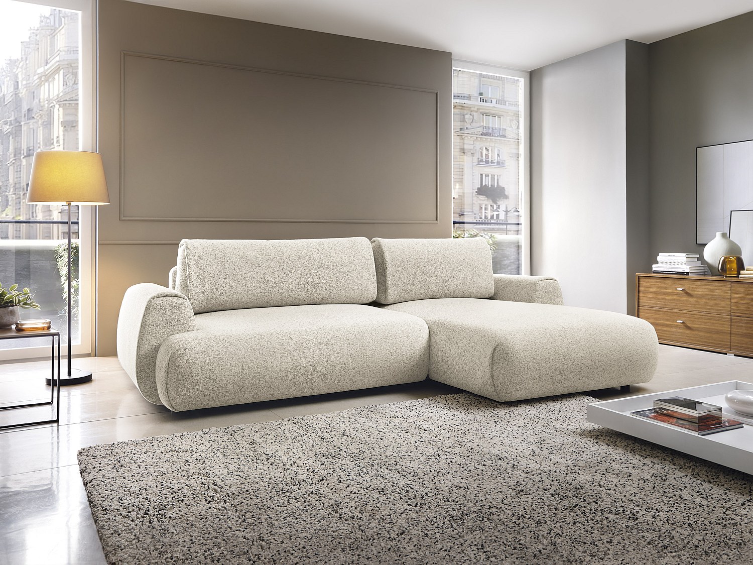 Ecksofa mit Schlaffunktion - Ecke rechts - melierter Stoff - Beige - MONELI günstig online kaufen