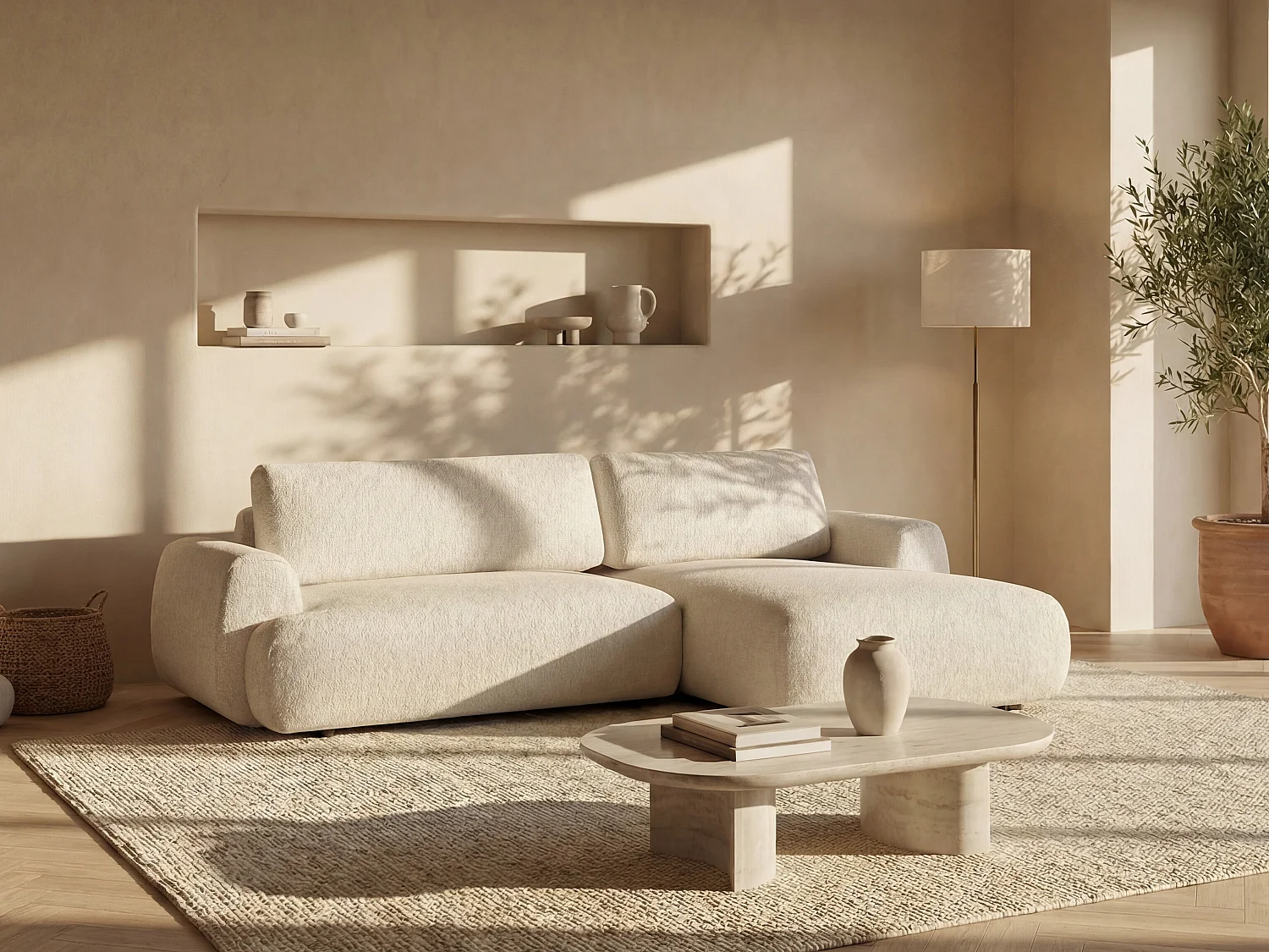 Kanapa narożna prawostronna rozkładana z beżową melanżową  tapicerką - MONELIA