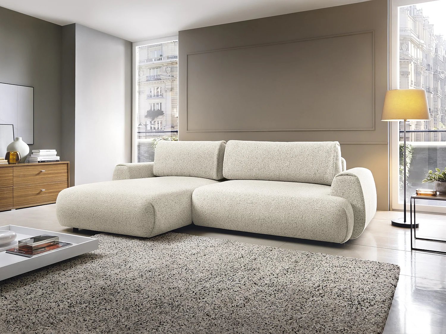 Vänstervänd bäddsoffa i melerat beige tyg MONELIA