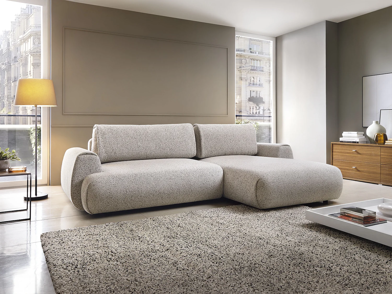Canapé d'angle droit convertible en tissu chiné gris clair MONELIA