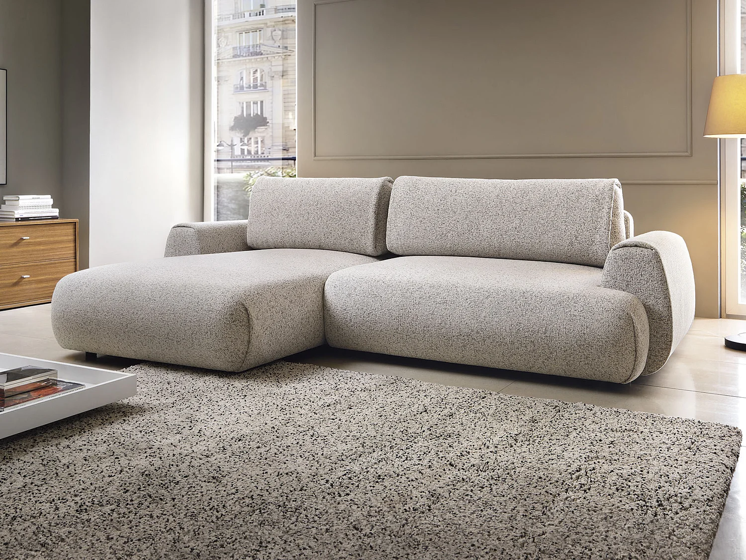 Canapé d'angle gauche convertible en tissu chiné gris clair MONELIA