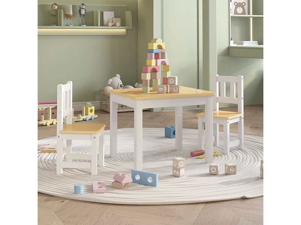 Mesa y silla infantil 3 pzas MDF blanco y beige